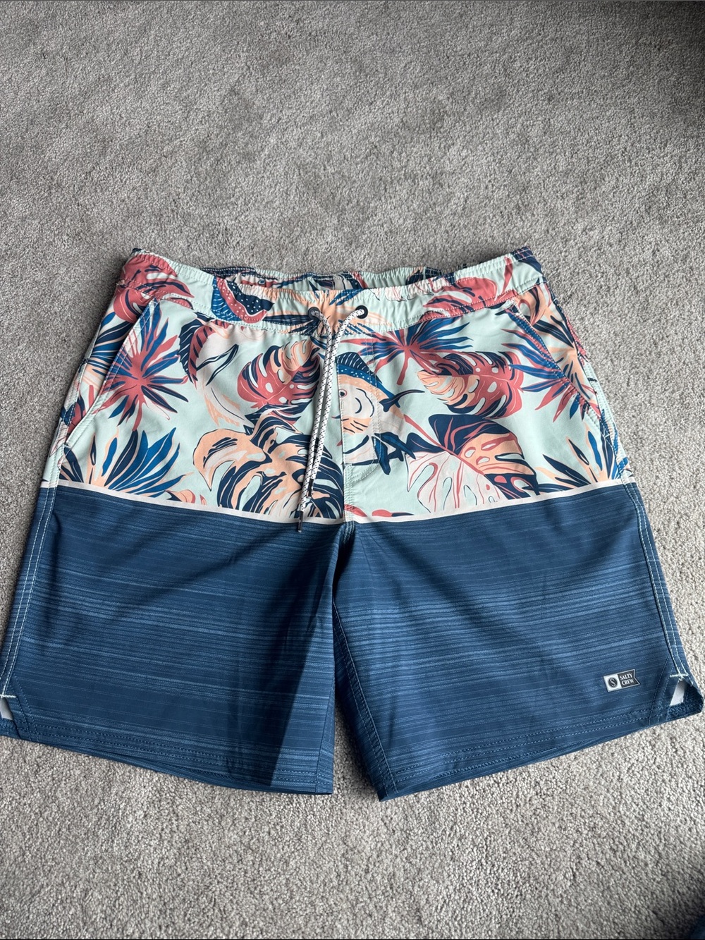 Salty Crew Blue Panel Swim Shorts with Coral Floral Waist
